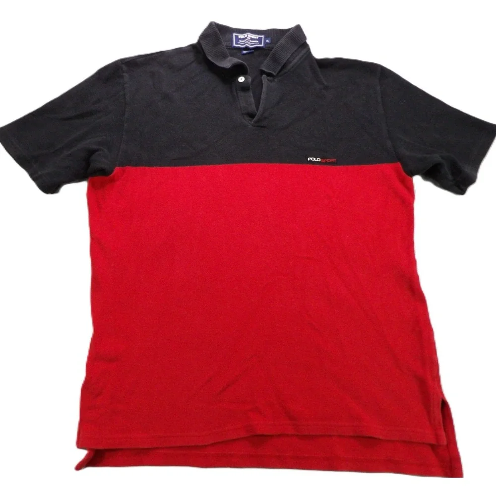 VTG Polo Sport Ralph Lauren Men XL Black Red Colorblock Short Sleeves Shirt 90s